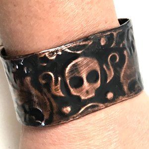 Skull Solid Copper Wide Cuff Bracelet Embossed